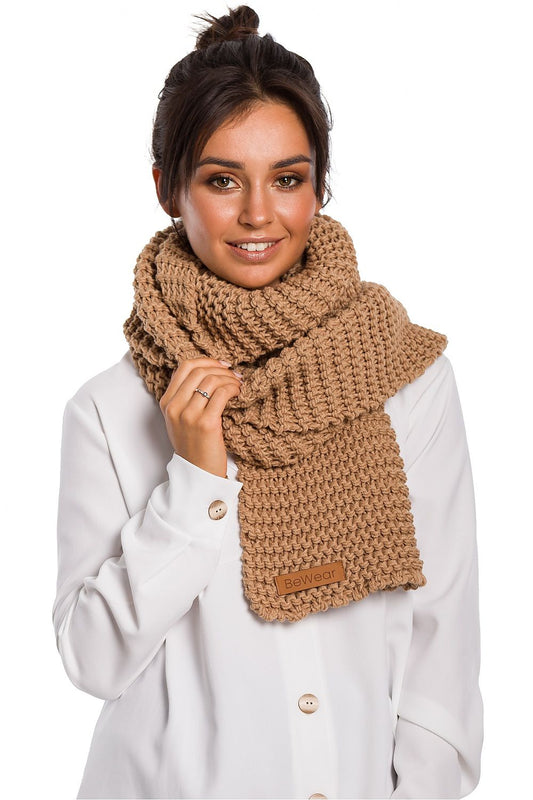 Elegant long scarf by BE Knit in rich acrylic, ideal for warmth with a sophisticated logo detail.
