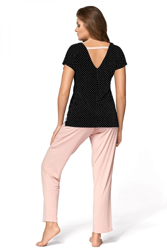 Elegant Babella Iris Two-Piece Pyjama Set, showcasing a chic dotted top with V neckline paired with tranquil pink trousers, perfect for a luxurious sleepwear experience.