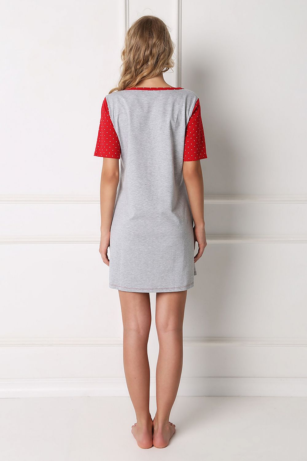 Elegant Aruelle Christmas Nightgown in grey and red showcasing a delightful 'Merry Kissmas' message and whimsical gingerbread man design for a stylish holiday sleepwear.