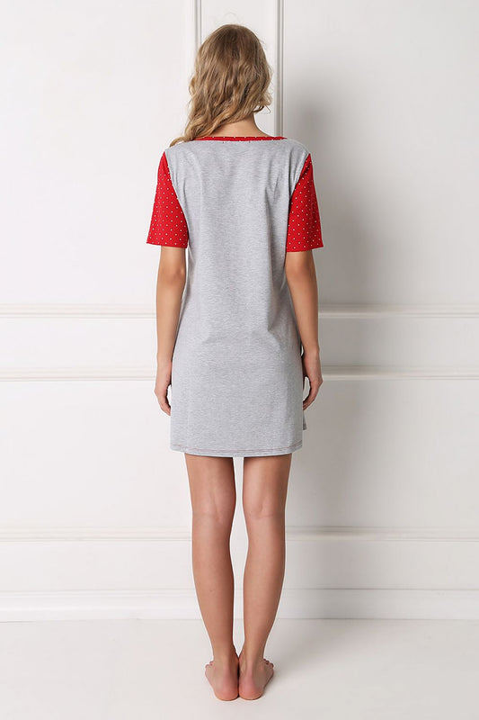 Elegant Aruelle Christmas Nightgown in grey and red showcasing a delightful 'Merry Kissmas' message and whimsical gingerbread man design for a stylish holiday sleepwear.