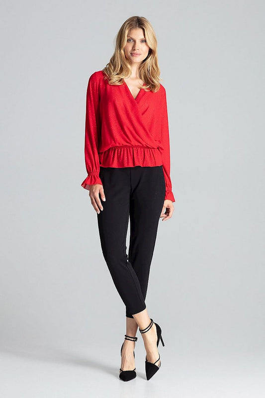 Sleek and sophisticated red brocade blouse with long sleeves and elastic waist, crafted by Figl, perfect for upscale occasions.