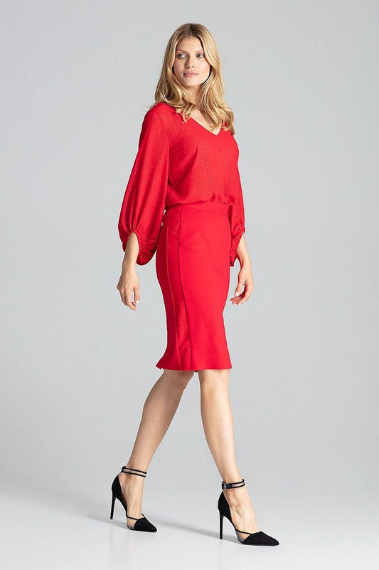 Elegant Red Midi Pencil Skirt by Figl, featuring a classic cut with brocade trim and a sophisticated back slit.