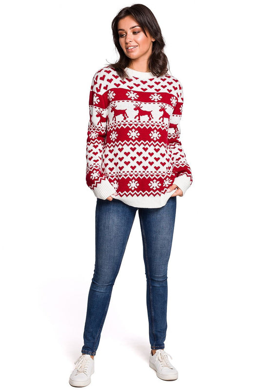Luxurious BE Knit Christmas Reindeer Sweater showcasing vibrant Christmas motifs, ideal for cozy evenings by the fireplace.