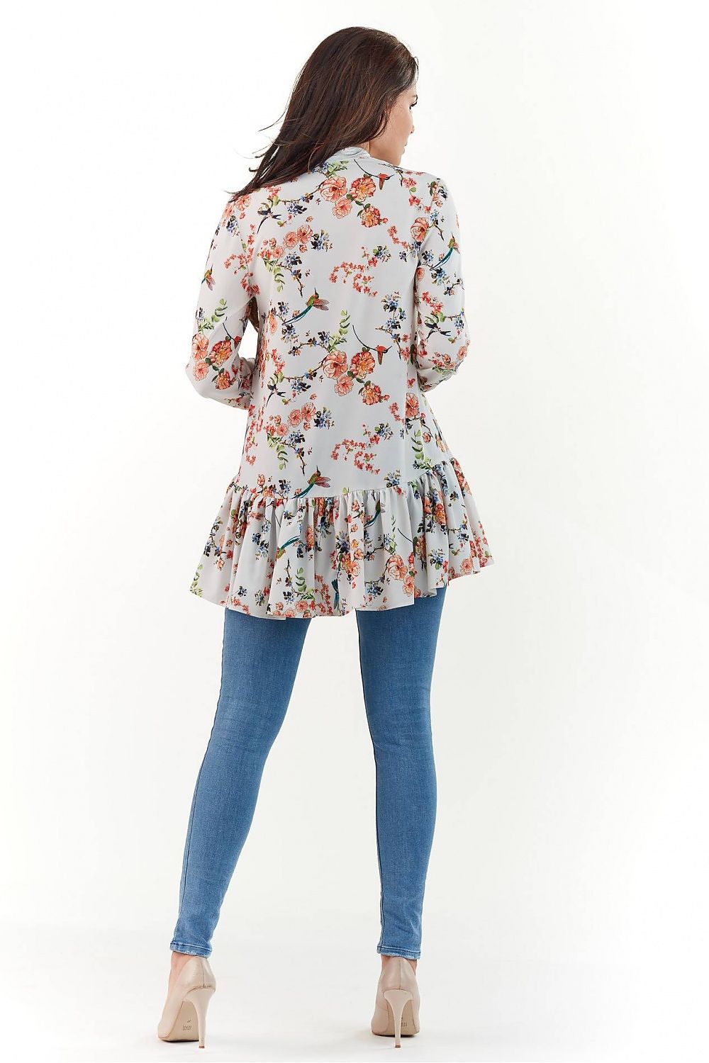 Elegant Long Sleeve Blouse by Infinite You with floral design and ruffled hem, showcased on a model from the back, paired with slim jeans for a chic polished look.