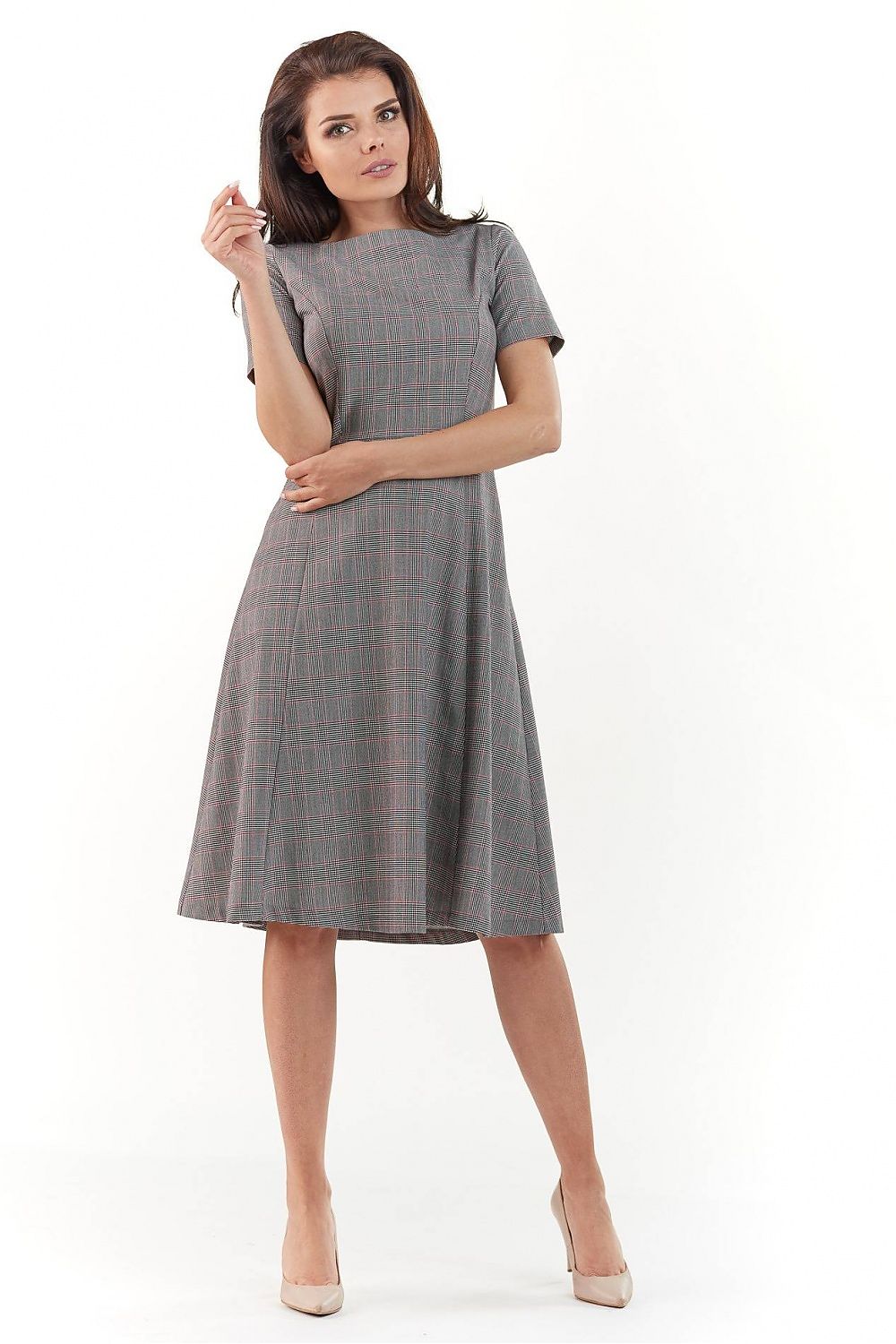Elegant Midi Dress with Flared Cut and Short Sleeves by Infinite You, featuring a sophisticated plaid pattern and short sleeves, ideal for various occasions.