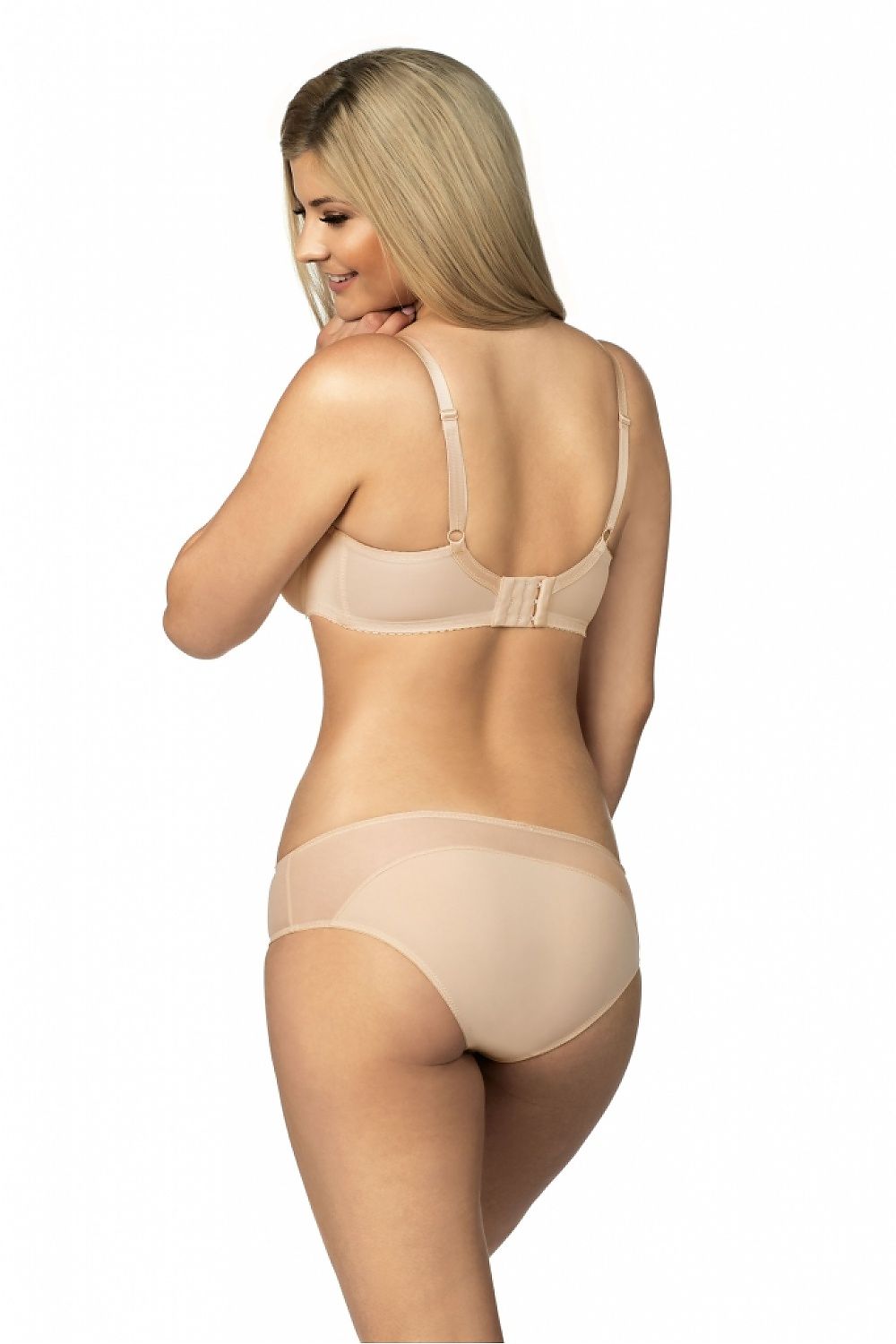 Back view of luxury beige cotton-spandex panties by Lupo Line, showcasing comfort and style, model wearing sophisticated lingerie.