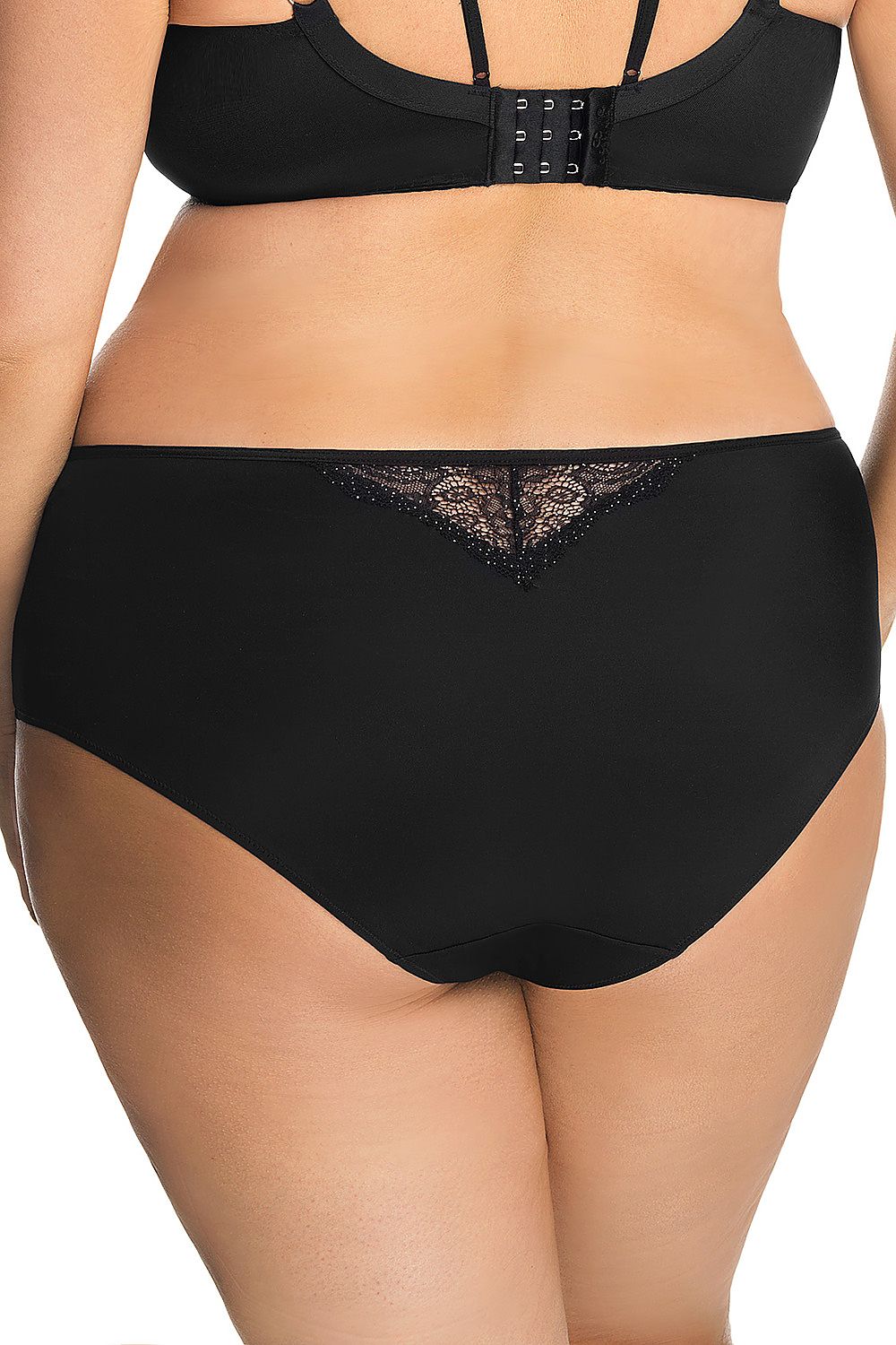 Back view of Gorsenia Lingerie glossy black lace panel panties on a model, featuring delicate lace insertion that adds a touch of sophistication and allure.