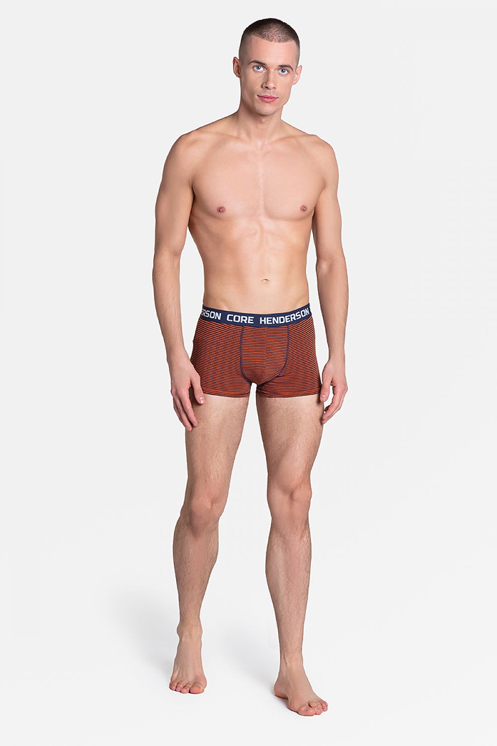 Henderson Loyd Men's Briefs 2-Pack, highlighted by a model in red striped briefs with contrasting navy waistband, offering a stylish sporty fit for discerning men.