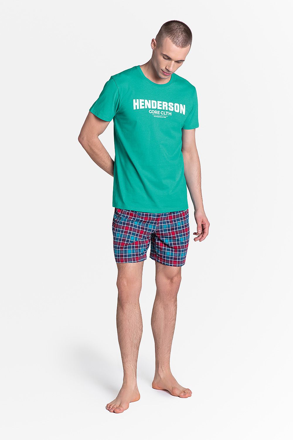 Henderson Men's Cotton Pyjama Set featuring a comfortable green T-shirt and fashionable checkered shorts for luxury loungewear.