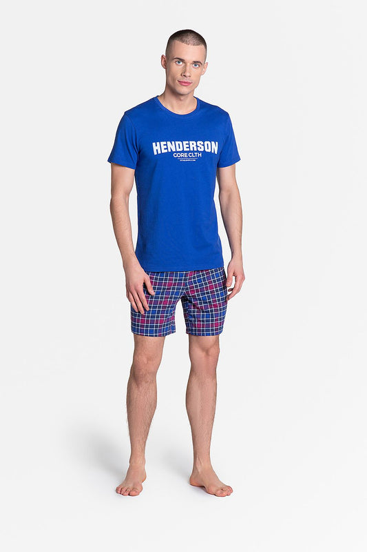 Henderson Men's Cotton Pyjama Set showcasing an elegant blue T-shirt paired with stylish checkered shorts, perfect for upscale relaxation.