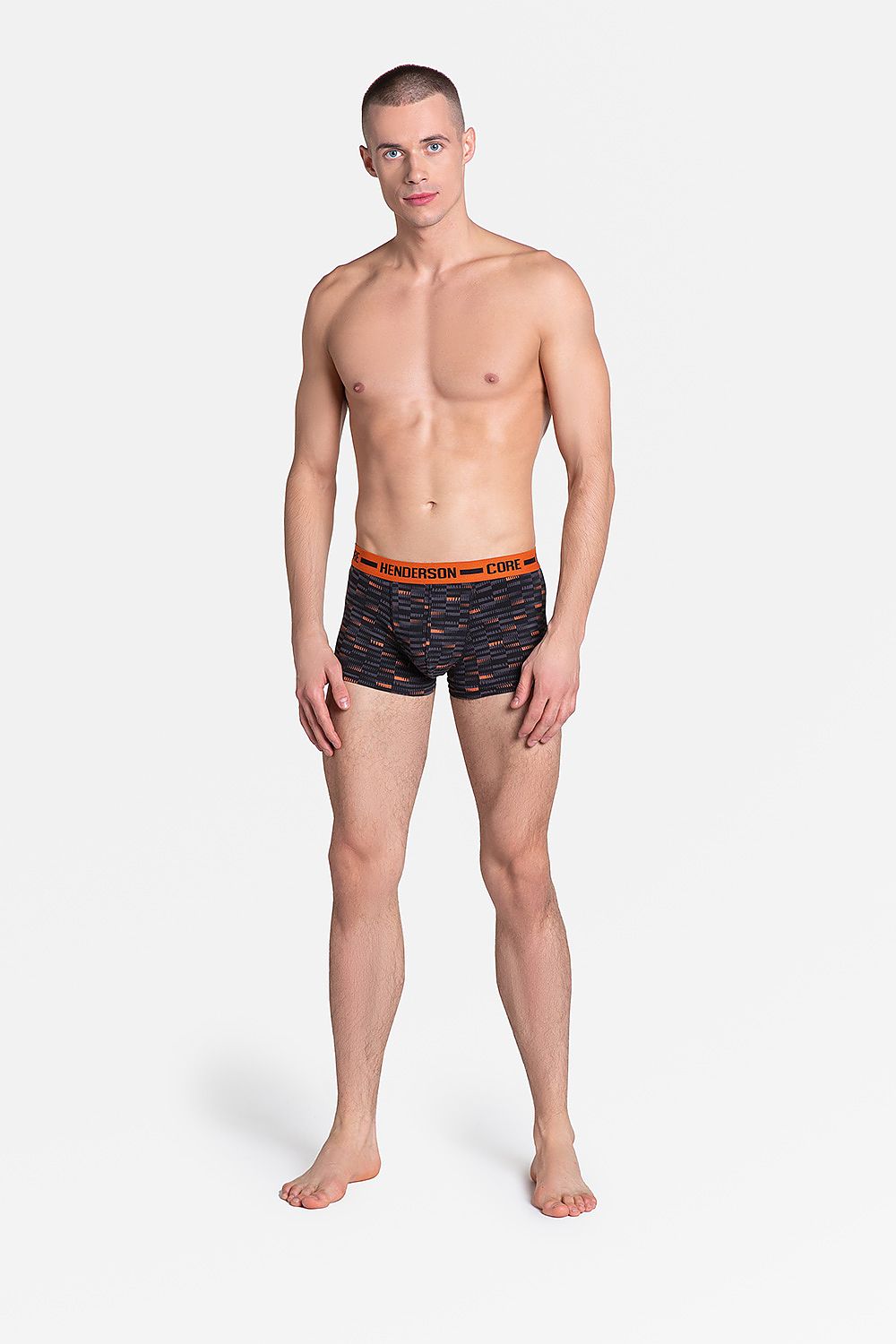 Henderson sophisticated men's boxer shorts in the 2-Pack set showcasing a vibrant pattern in Orange and Grey, designed for a luxurious fit and refined style.