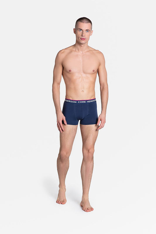 Luxury Henderson Men's Boxers in Dark Red and Navy Blue, designed with a sporty cut and contoured front, featuring an elegant printed waistband, showcased on a model