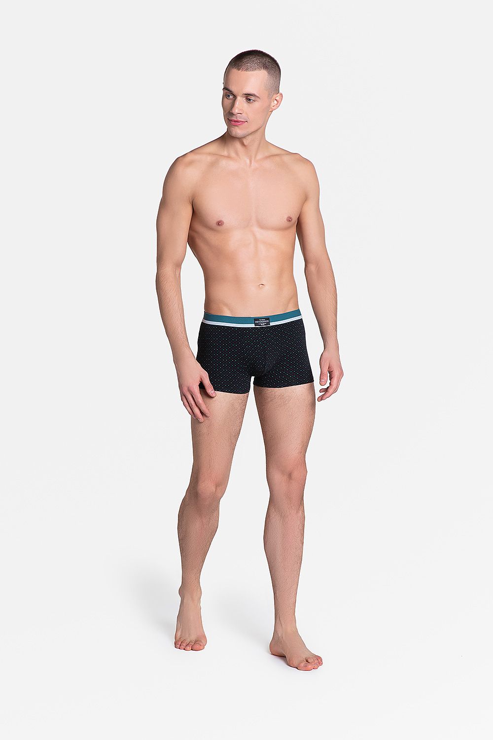 Henderson Premium Men's Dark Cotton Boxers featuring a stylish duo-colour waistband, modelled by a handsome man, showcasing the luxurious fabric and modern design.