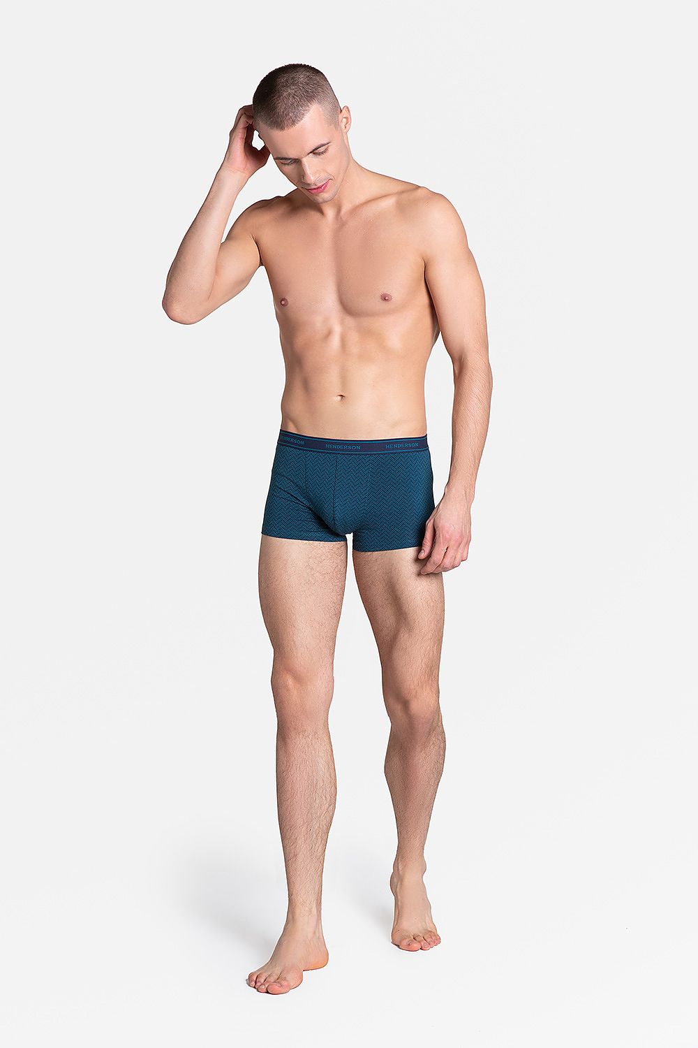 Luxurious Henderson Premium Men's Cotton Boxers with Mosaic Pattern showcased on a model, highlighting comfort fit fabric and stylish design in multiple sizes.
