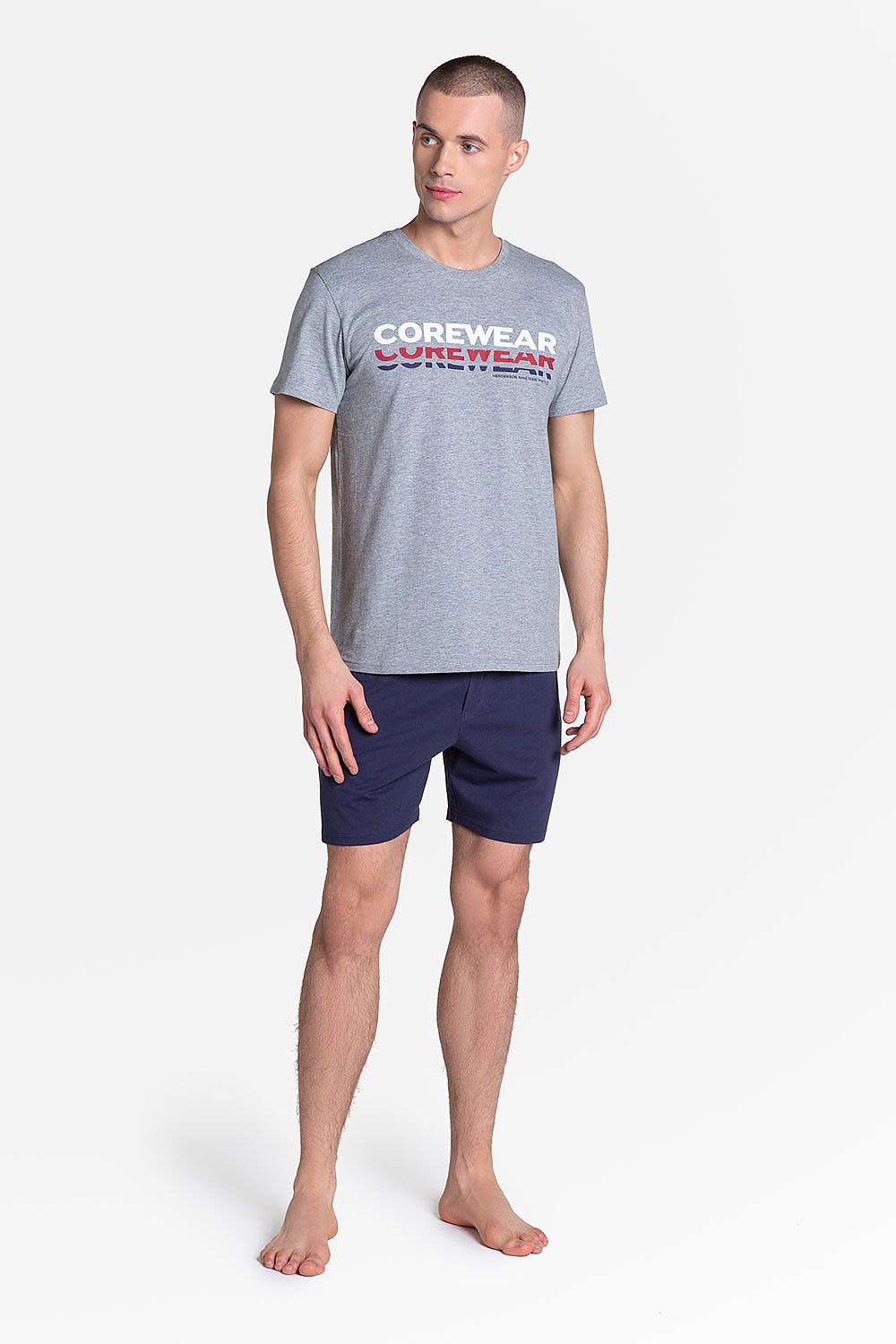 Luxury Henderson Men's Cotton Pyjamas Set featuring a sporty short-sleeved T-shirt and elegant knee-length shorts, perfect for a stylish and comfortable nightwear look.