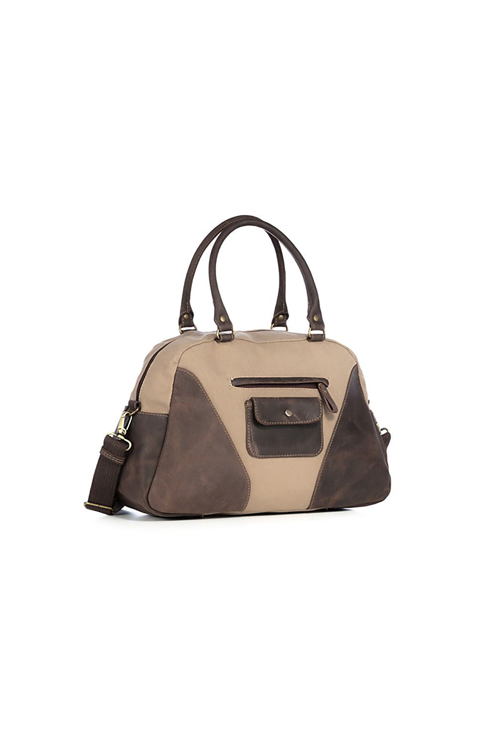Sophisticated Verosoft Tiara Canvas Shoulder Bag featuring a spacious trapezoid silhouette in beige with refined old look leather detailing and a comfortable adjustable strap.