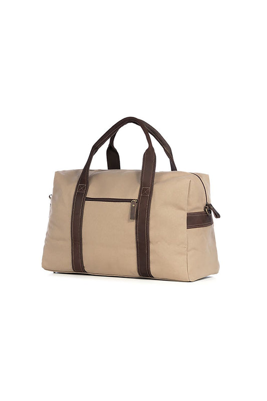Sophisticated Verosoft cotton canvas and leather handbag, featuring a roomy exterior pocket, ideal for business trips and casual outings. Chic beige fabric complemented by dark leather accents.