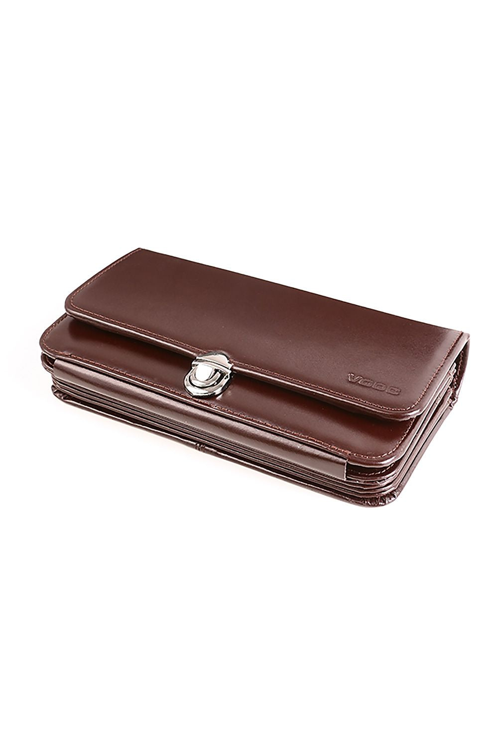 Elegant ladies' leather wallet with handle by Verosoft, VOOC Prestige PPD1, featuring a rich brown design and luxurious Italian leather, ideal for stylish women seeking functionality and sophistication.