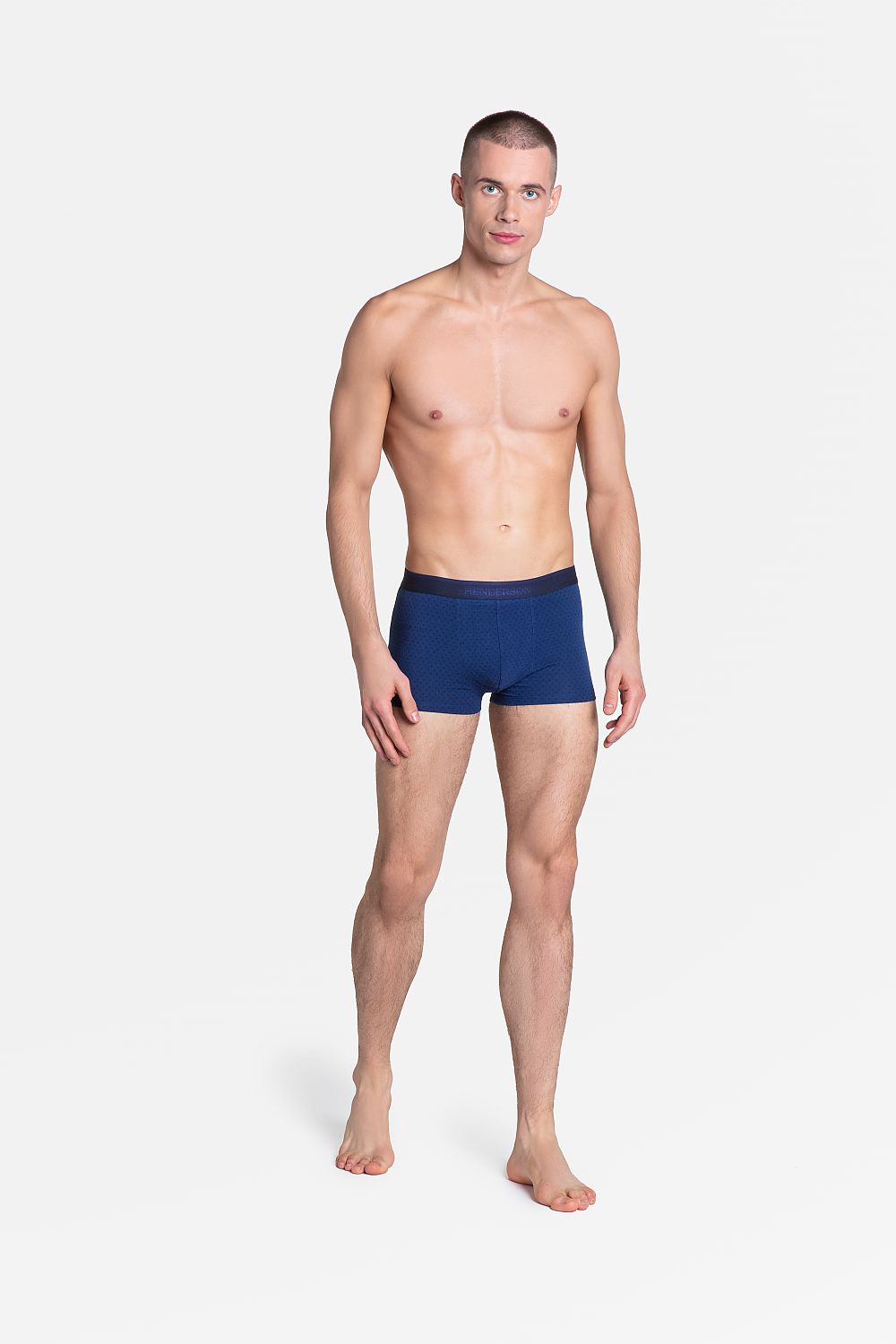 Elevate your essentials with Henderson Navy Blue Men's Boxers - Crafted from a luxurious cotton and spandex blend, featuring a stylish logo waistband, perfect for comfort and everyday wear.
