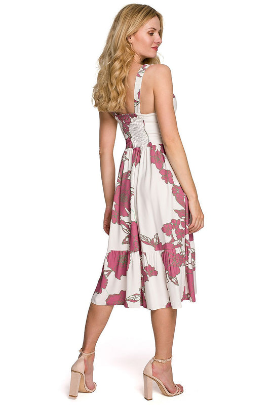Elegant Midi Length Dress With Shaped Neckline, Elastic Back & Deep Side Slit by Makover, featuring a model displaying the back view with a fashionable floral pattern, ideal for chic summer outings.