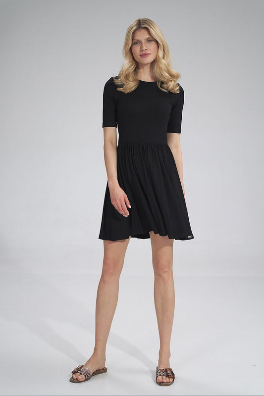 Chic black summer dress with short sleeves and flattering flared hem, designed by Figl for a fashionable seasonal look.