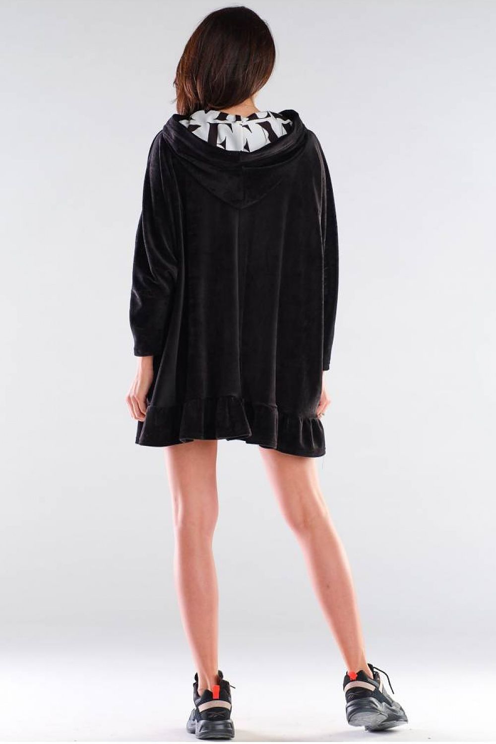 Back view of the exquisite Awama daydress, highlighting the plush fabric, stylish hood, and delicate frill detail, embodying a blend of comfort and sophistication.