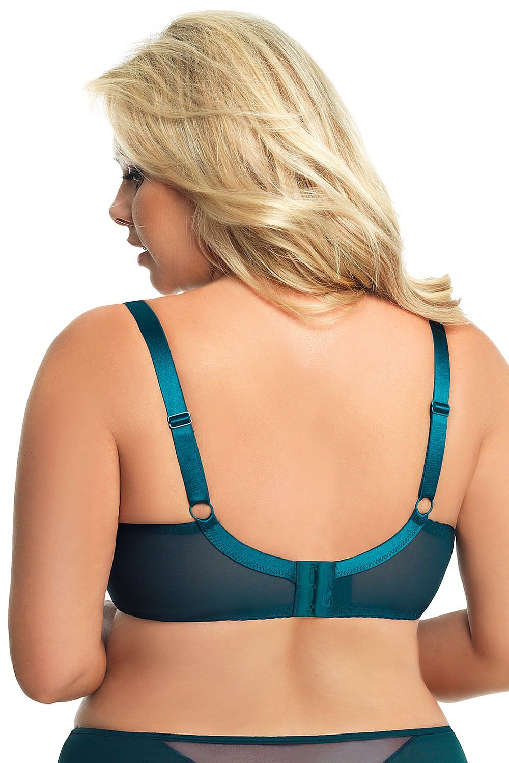 Sophisticated view of soft Gorsenia lingerie, highlighting the back of a dark green bra with adjustable straps, illustrated by a fashionable model.