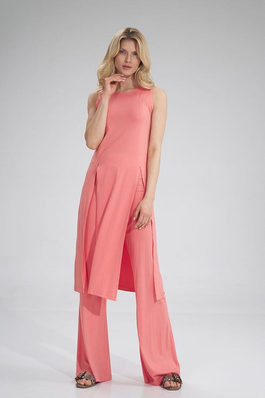 Stylish view of the coral sleeveless midi tunic dress by Figl, showcasing its unique slits and graceful silhouette.