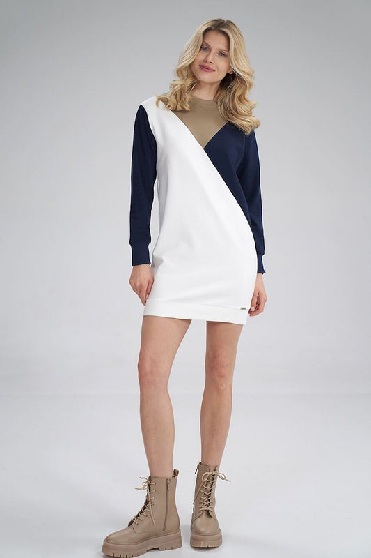 Chic woman in a tri-colour cotton dress by Figl, showcasing a contemporary design with a blend of navy, beige, and white colours, ideal for any occasion.