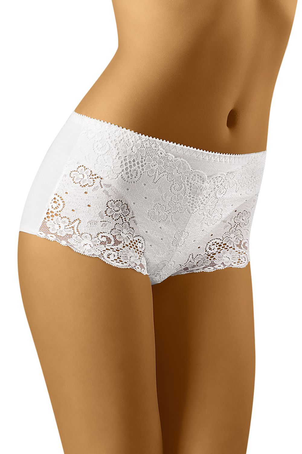 Wolbar Eco-Line Elegant Shorts showcasing a sumptuous smooth knit with intricate openwork lace details in pristine white, epitomising elegance and comfort.