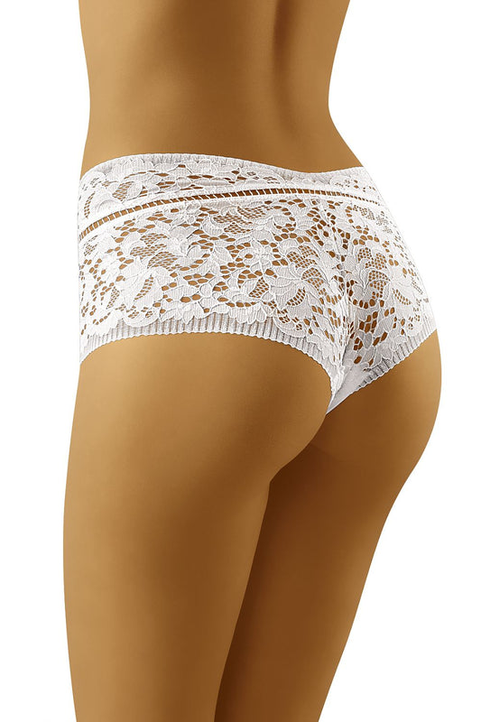 Elegant Lace Shorts by Wolbar in white lace, featuring a feminine fit and stylish high cut design, perfect for a luxurious and comfortable look.