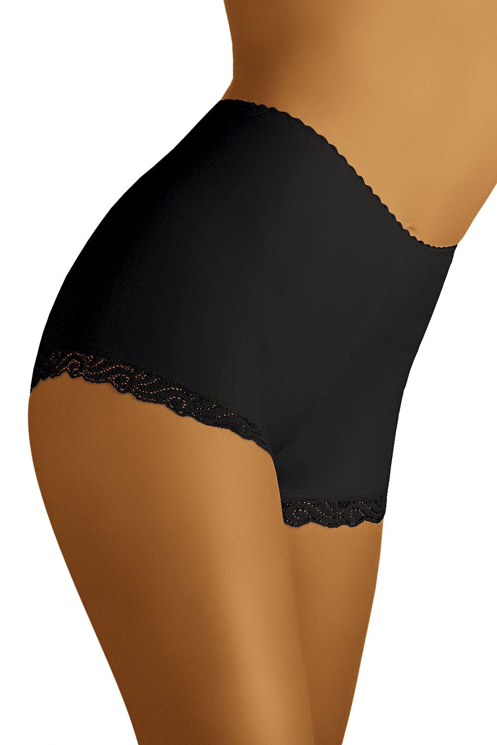 Luxury High-Rise Shorts by Wolbar featuring a delicate lace trim, crafted from smooth black elastic knit, elegantly showcasing the body with a sophisticated design.