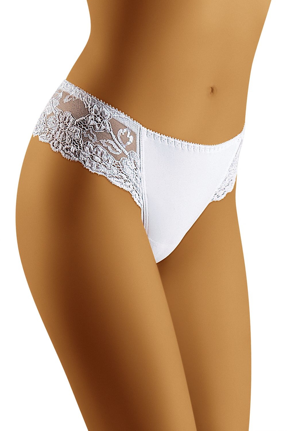 Elegant Wolbar T-Backs with Wide Lace Detailing, Comfortable Cotton Blend Panties showcased in white, featuring exquisite lace design on the sides for a graceful appearance.