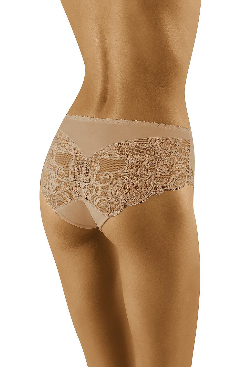 Wolbar Lace Trimmed Comfort Panties for Women in a sophisticated nude shade, featuring intricate lace detailing at the back and a smooth, comfortable waistband.