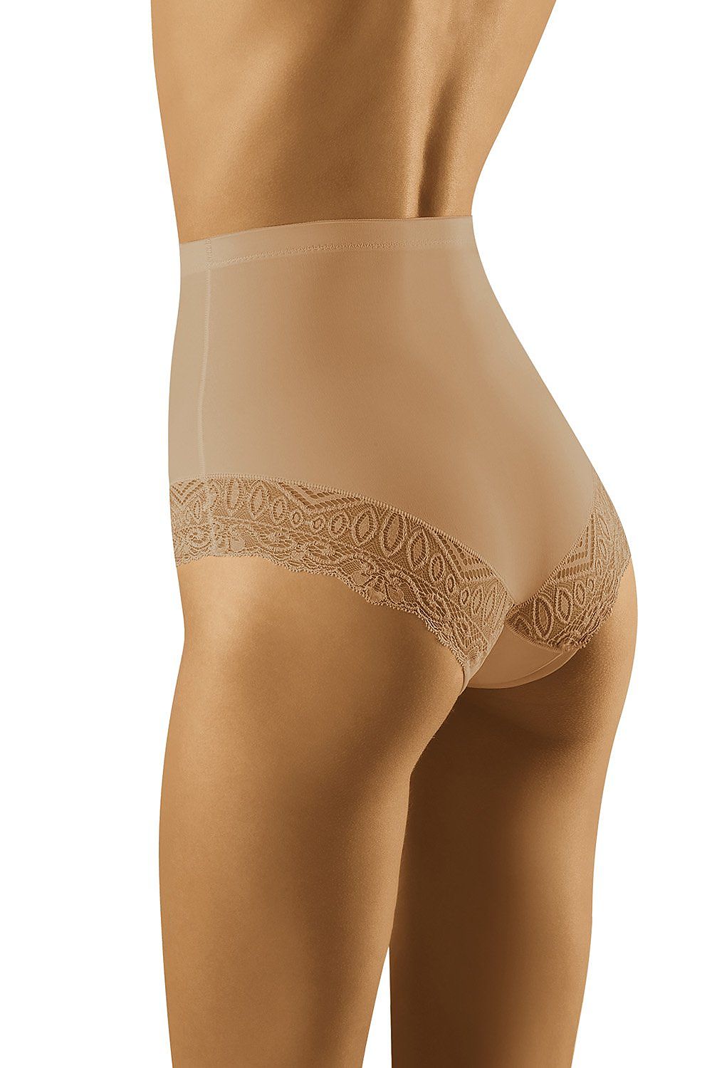 Wolbar High Rise Lace Briefs for Women - Luxe nude high rise lingerie featuring intricate lace detailing, enhancing comfort and body shape.