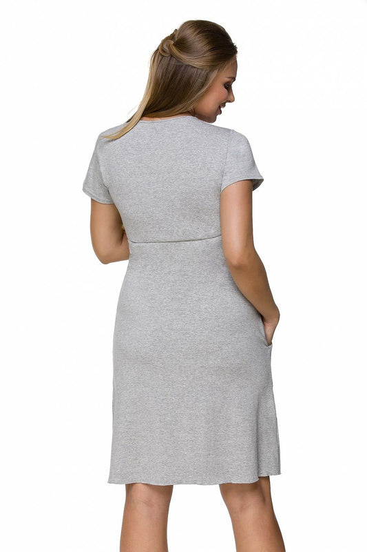 Lupo Line Maternity Nightshirt – Short Sleeve Pastel T-Shirt with Breastfeeding Access, featuring a stylish grey design, perfect for comfort during pregnancy and nursing, showcasing elegant pleats under the bust for a flattering fit.