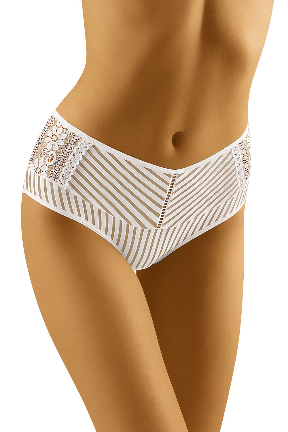 Wolbar Eco-Pa Lace Floral Panties with Stripe Motif in luxurious white, showcasing a delicate stripe design complemented by exquisite lace accents, perfect for the contemporary woman.