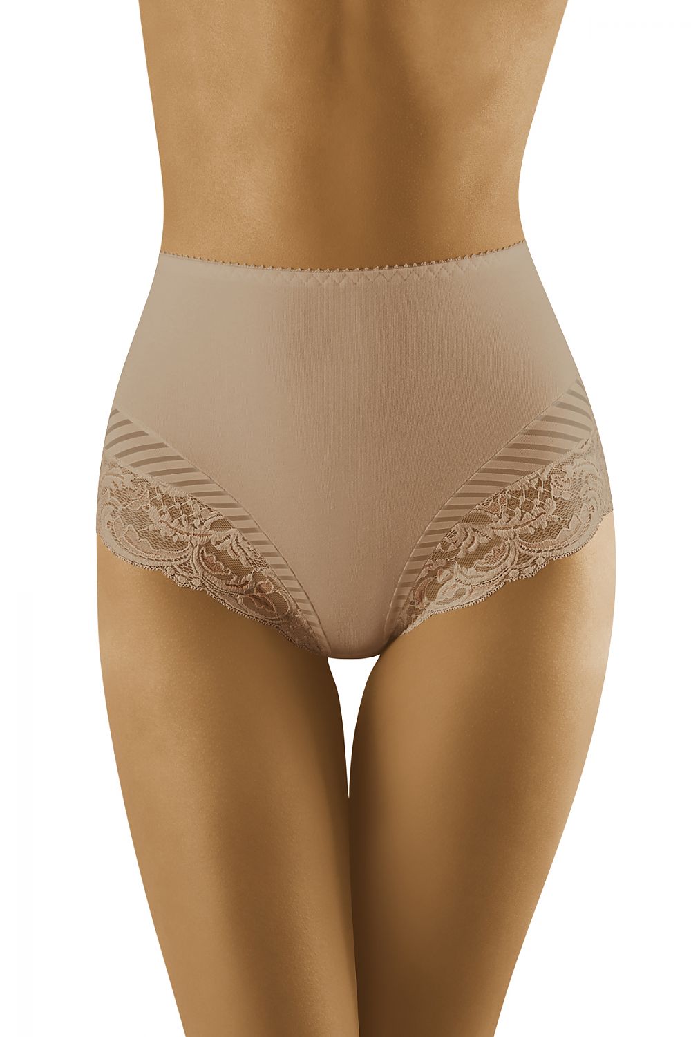 Wolbar Cotton Lace and Tulle High-Cut Panties showcasing an elegant design, highlighting the lace detailing along the thighs and the stylish tulle fabric. This luxurious pair enhances shapely hips, exemplifying sophistication and comfort.