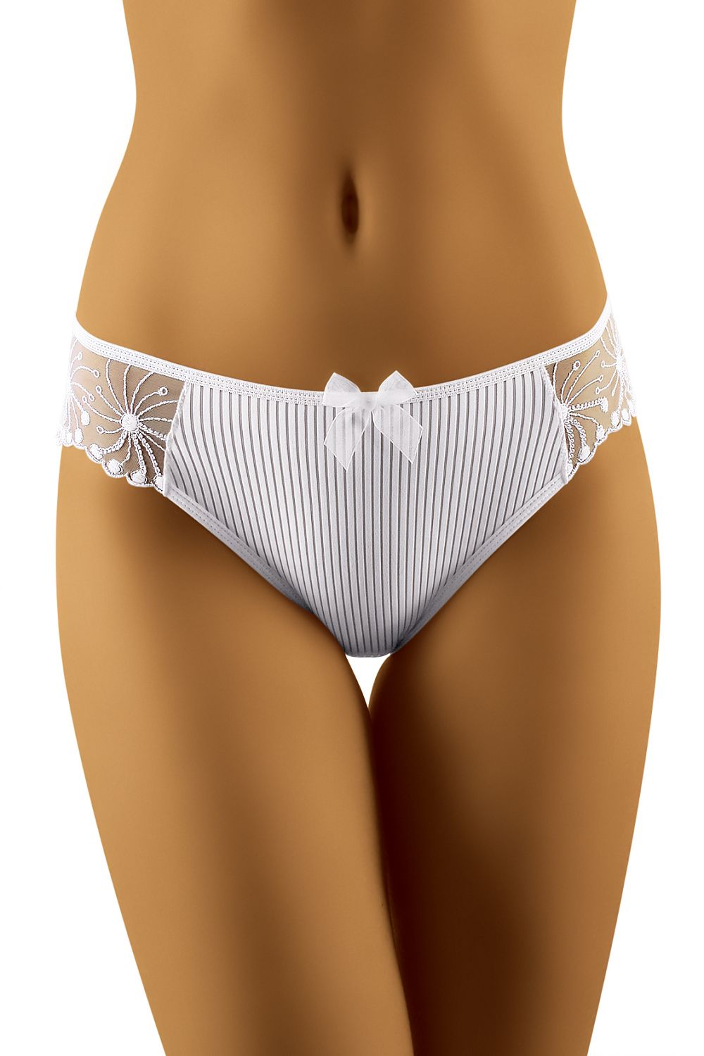 Wolbar Cora Lace-Trimmed Panties in Soft Knitwear with Satin Bow - Elegant Women's Underwear, featuring a refined white finish adorned with intricate lace patterns and a charming satin bow.