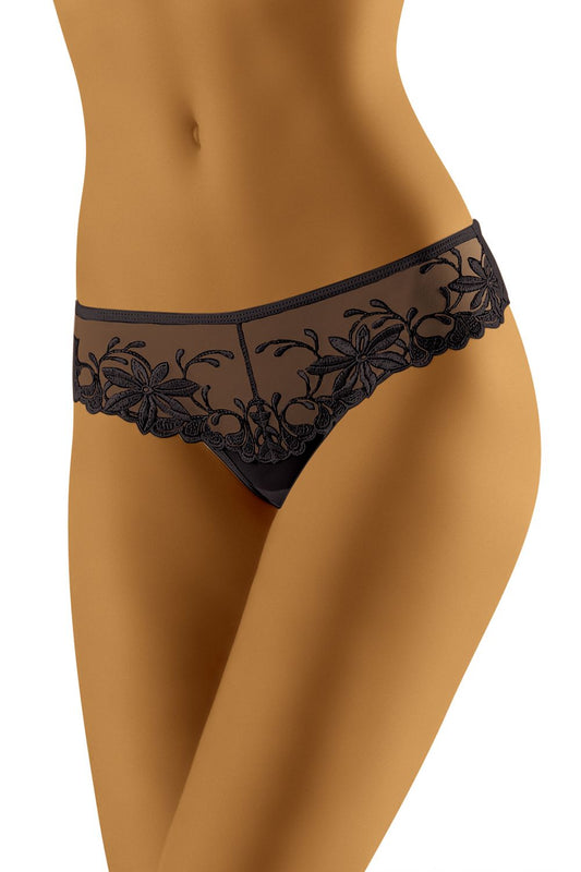Wolbar Zorba Lace Thong Shorts in elegant black, featuring transparent floral embroidery for a feminine touch. Perfectly designed for luxury lingerie lovers.