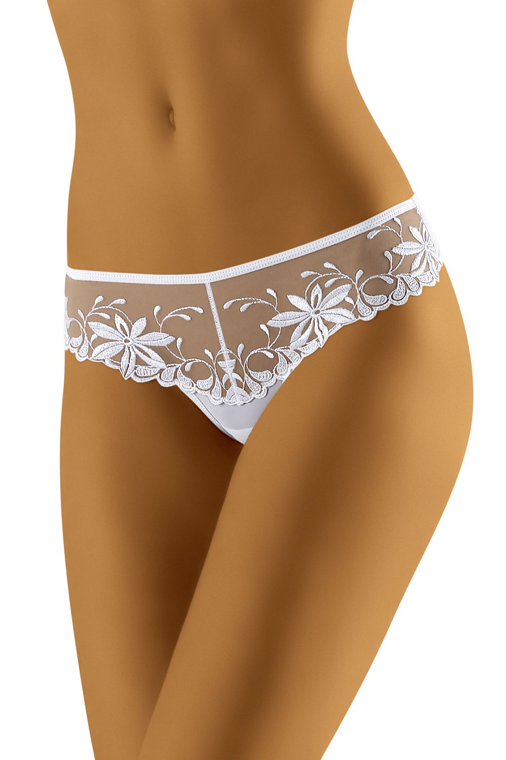 Wolbar Zorba Lace Thong Shorts in pristine white, showcasing delicate transparent floral embroidery, embodying sophistication and femininity.