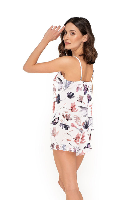 Back view of the Babella Missy Floral Pajamas Set highlighting the delicate floral design and frilled hem, designed for comfort and style in luxury sleepwear.