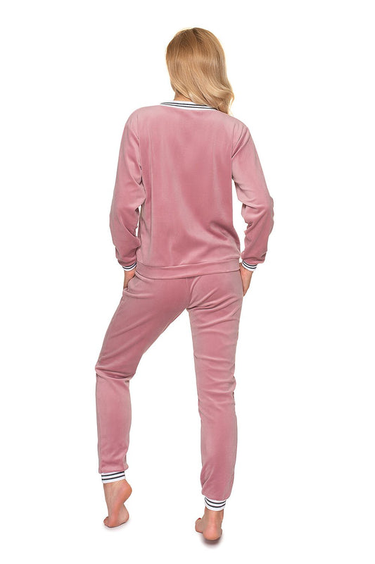 Luxury Velour Tracksuit Set with V Neckline & Contrasting Piping - Back View in Pink, Perfect for Comfort and Style. Available in Sizes S/M & L/XL.