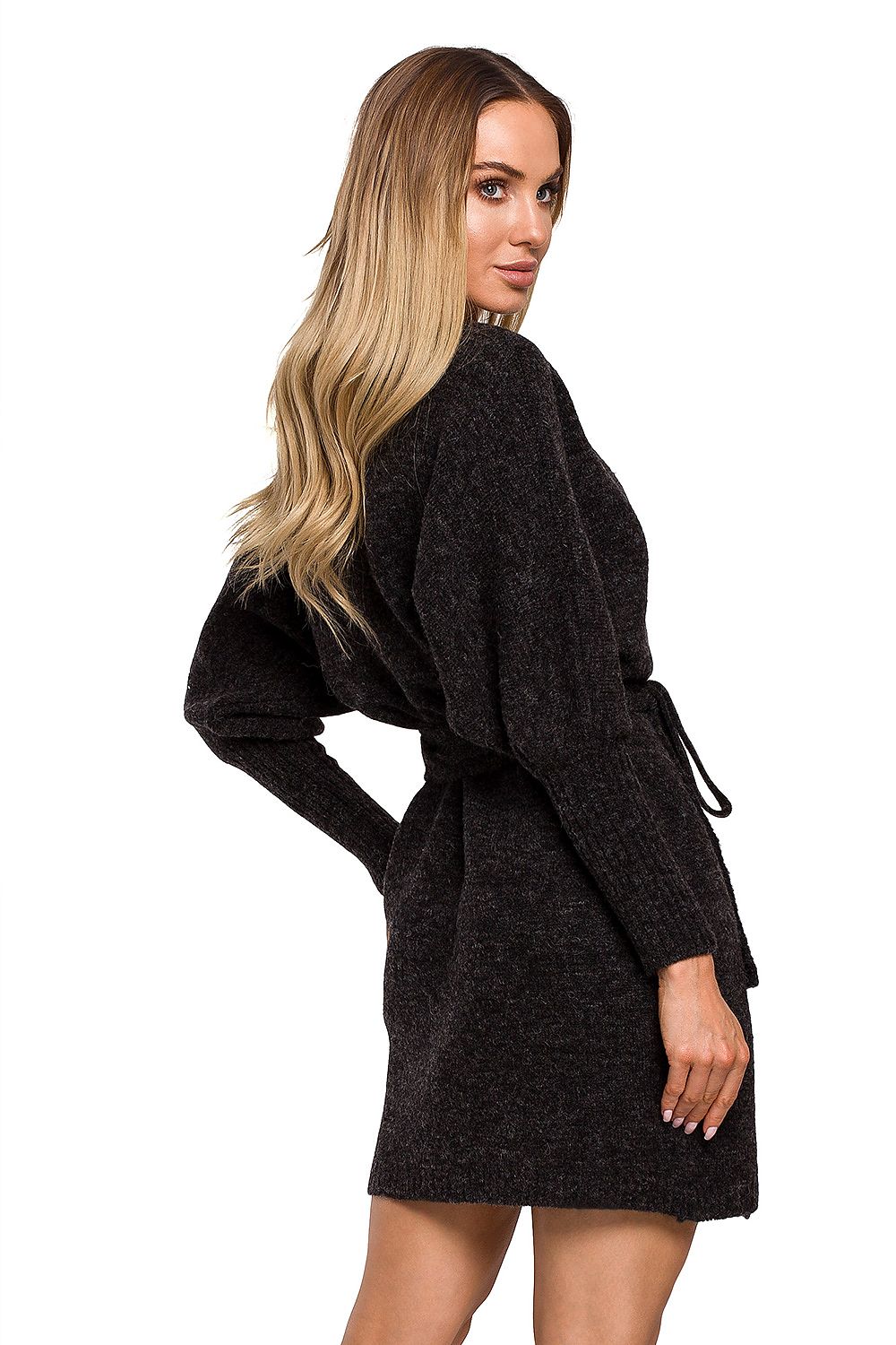 Elegant Moe Sweater Dress with Side Ties, Wide Sleeves, and Deep Overlap Neckline viewed from the back, demonstrating its elegant design and comfort.