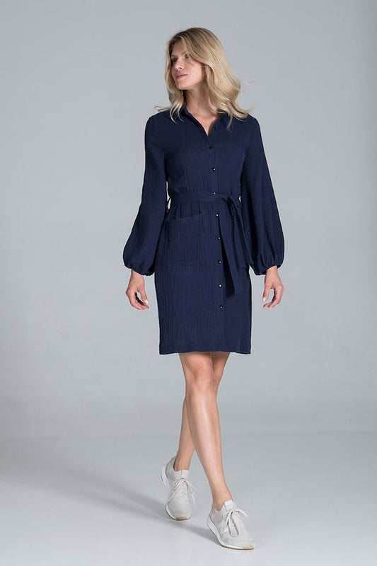 Elegant Cotton Midi Shirt Dress with Collar, Waist Tie and Long Sleeves by Figl, featuring a model walking elegantly, showcasing its sophisticated design and perfect fit.