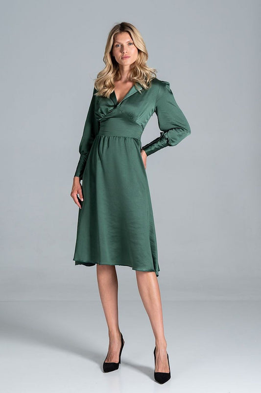 Elegant Midi Satin Dress with Heart Neckline, Buffet Sleeves, and Wide Belt by Figl, featuring a flattering silhouette and elegant design, ideal for chic events.