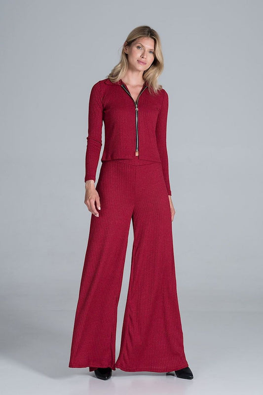 Close-up view of Luxurious Bell-Bottomed Trousers in Ribbed Knit with Wide Waistband by Figl, displaying the intricate ribbed texture and stylish silhouette, perfect for chic occasions.