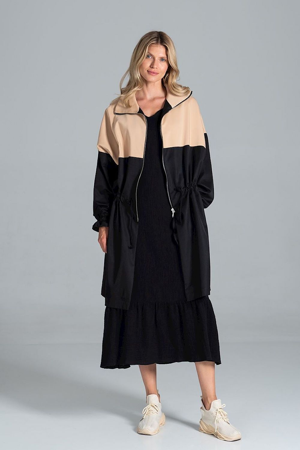 Elegant Two-Coloured Autumn Parka Coat with Drawstring Waist and Zip Fastening by Figl, displayed on a model in a flattering front pose, showcasing its luxurious fabric and contemporary design.