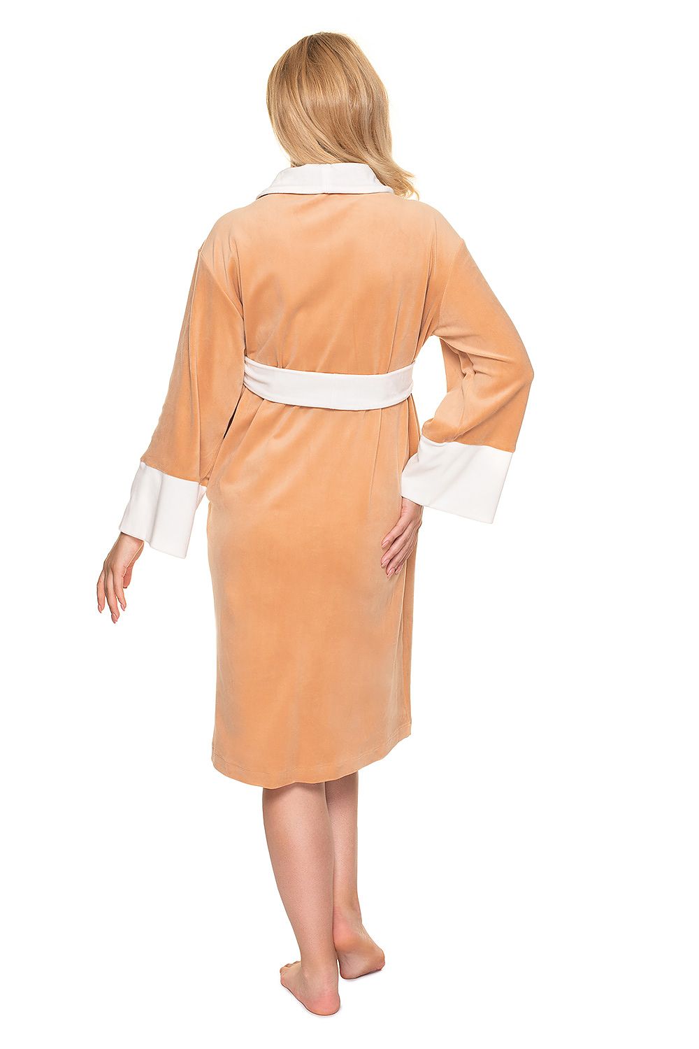 Luxurious Soft Velour Bathrobe with Belt and Long Sleeves from PeeKaBoo, showcasing a beautiful model wearing the elegant robe from the back, featuring a stylish collar and long sleeves in a sophisticated peach hue.