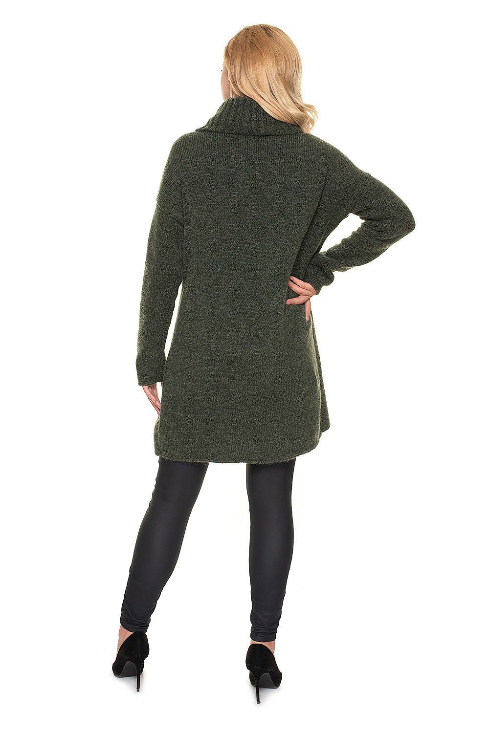 Back view of the Luxurious Wool Blend Pregnancy Sweater with Turtleneck in an appealing green hue, demonstrating its flattering design suitable for nursing.